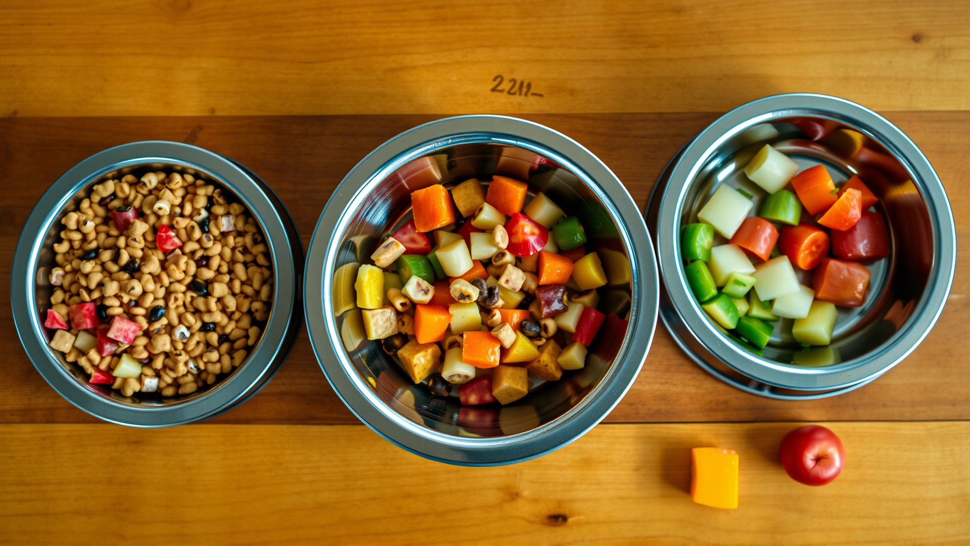Flat lay of stainless steel bird bowls filled with colorful pellets, chopped fresh vegetables, and assorted fruit pieces on a wooden surface.