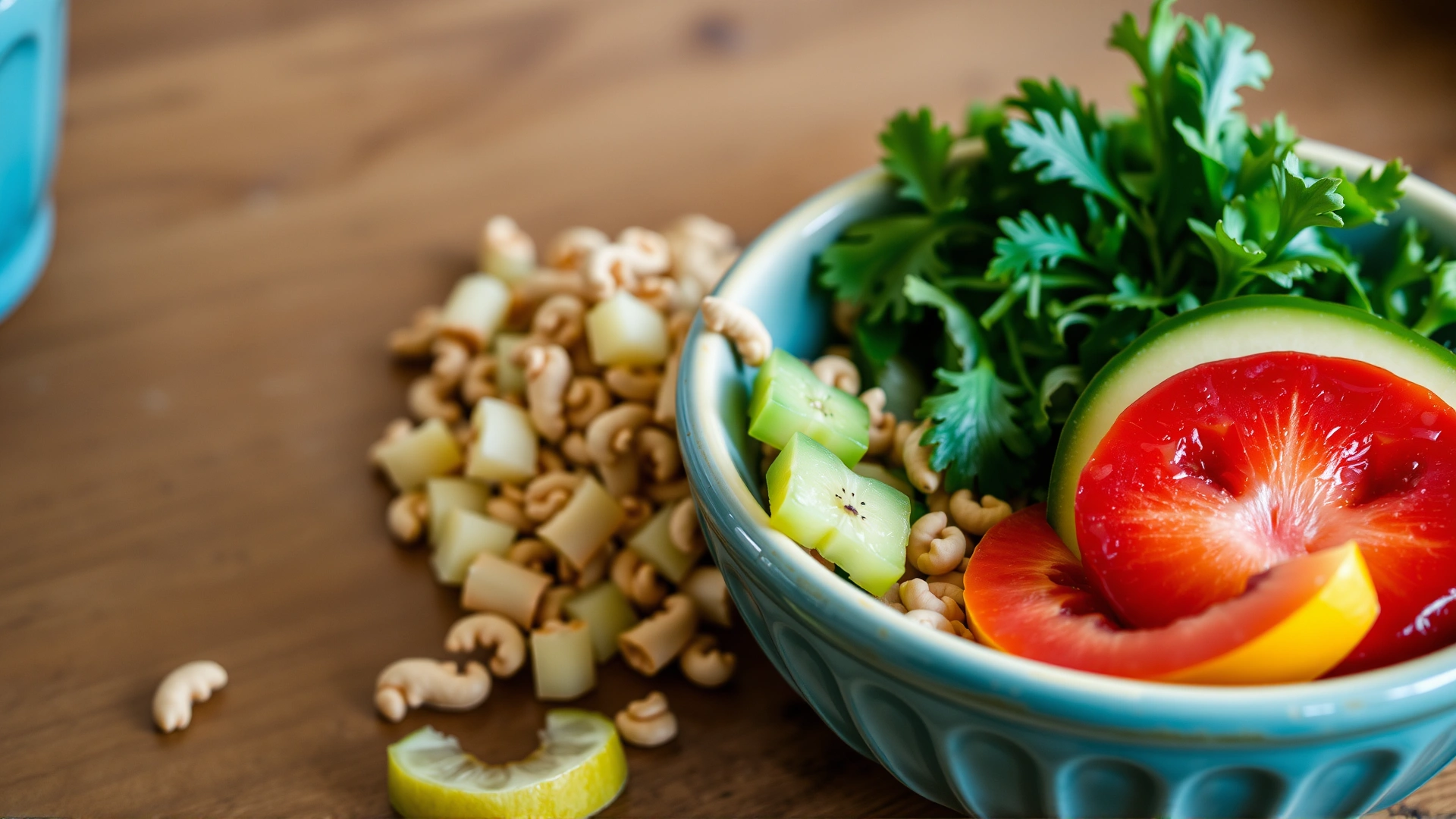 Colorful ceramic bowl filled with high-quality parrot pellets, chopped leafy greens, and sliced fresh fruit on a wooden table.