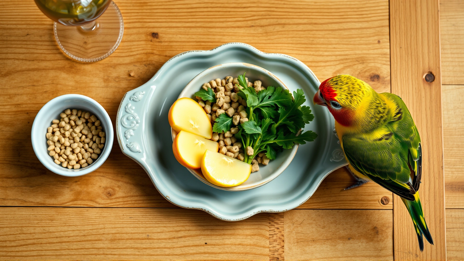 Overhead shot of a wooden table set with a small ceramic dish of pellets, fresh leafy greens, and sliced fruit, while a curious lovebird stands nearby inspecting the food.