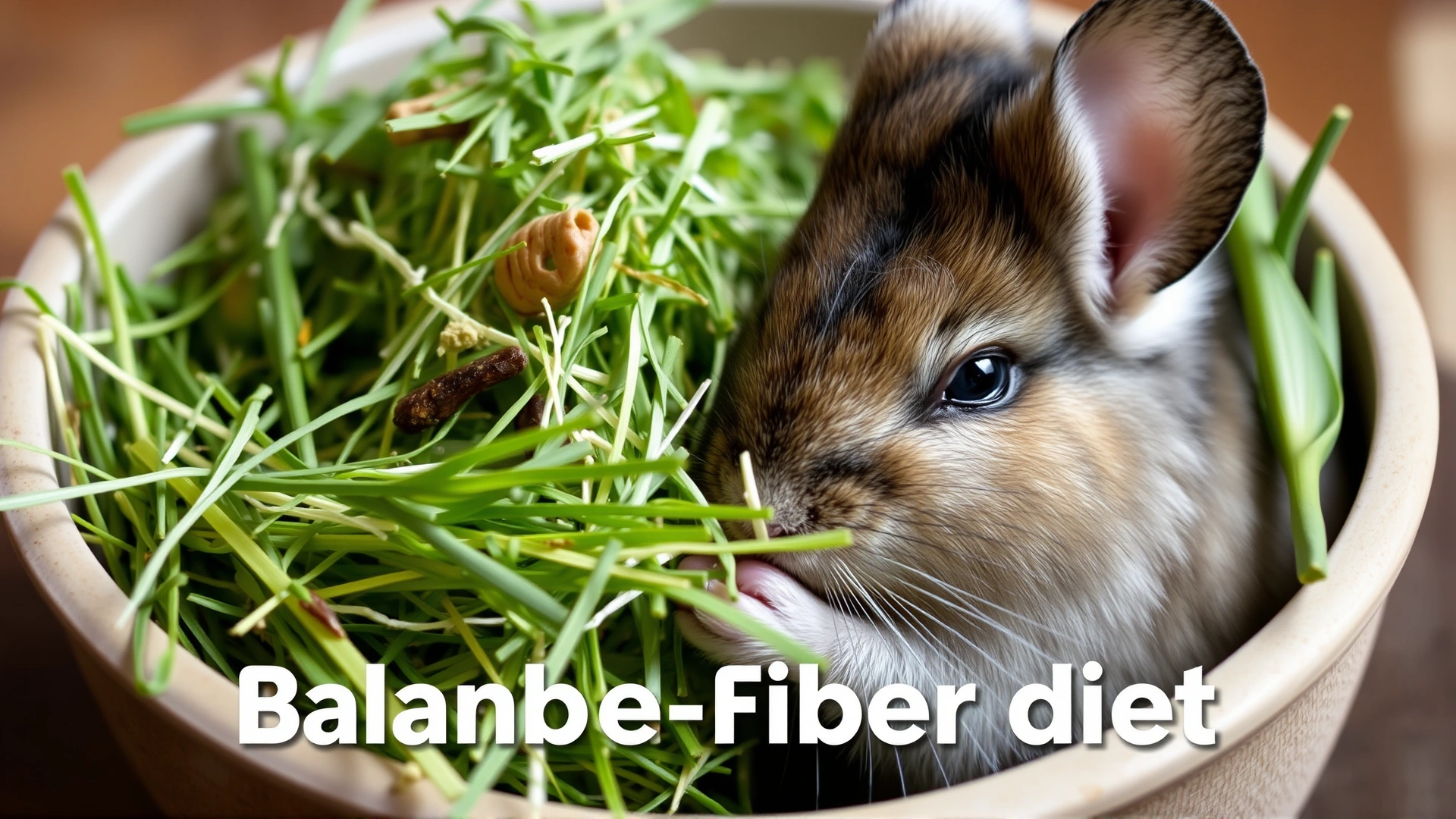 Close-up shot of a bowl filled with fresh timothy hay and a few alfalfa strands next to a curious chinchilla nibbling, highlighting a balanced high-fiber diet.