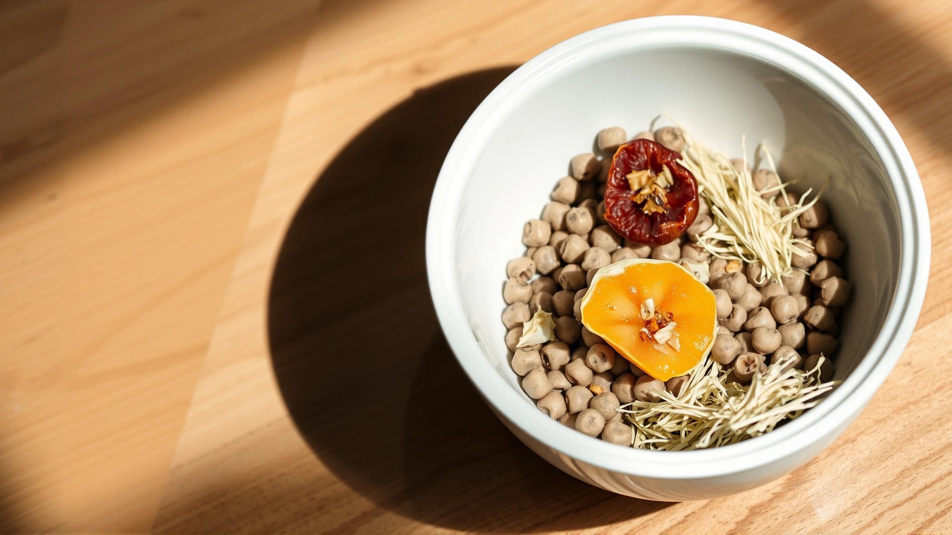 A neatly arranged bowl containing chinchilla pellets, hay, and a small portion of dried fruit, placed on a wooden surface with soft daylight.