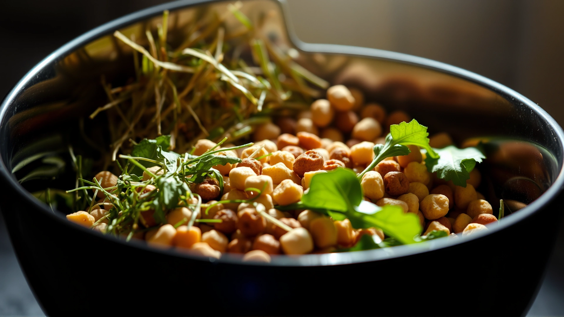 Close-up of a bowl containing balanced chinchilla diet: hay, pellets, and fresh greens, brightly lit