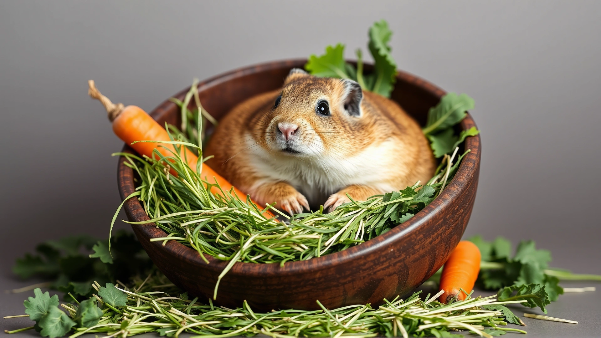Bowl filled with fresh timothy hay and assorted prairie dog-safe vegetables like carrot tops and leafy greens