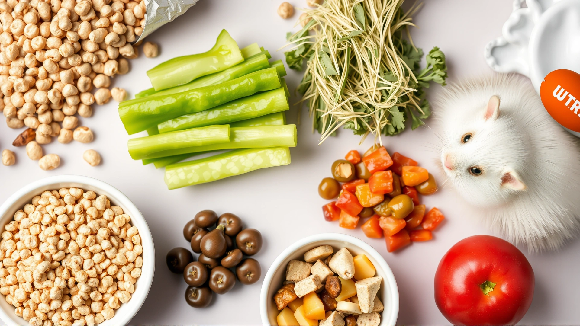 Flat lay of balanced hamster diet components: commercial pellets, hay, fresh vegetables, and a small portion of seeds and fruit pieces.