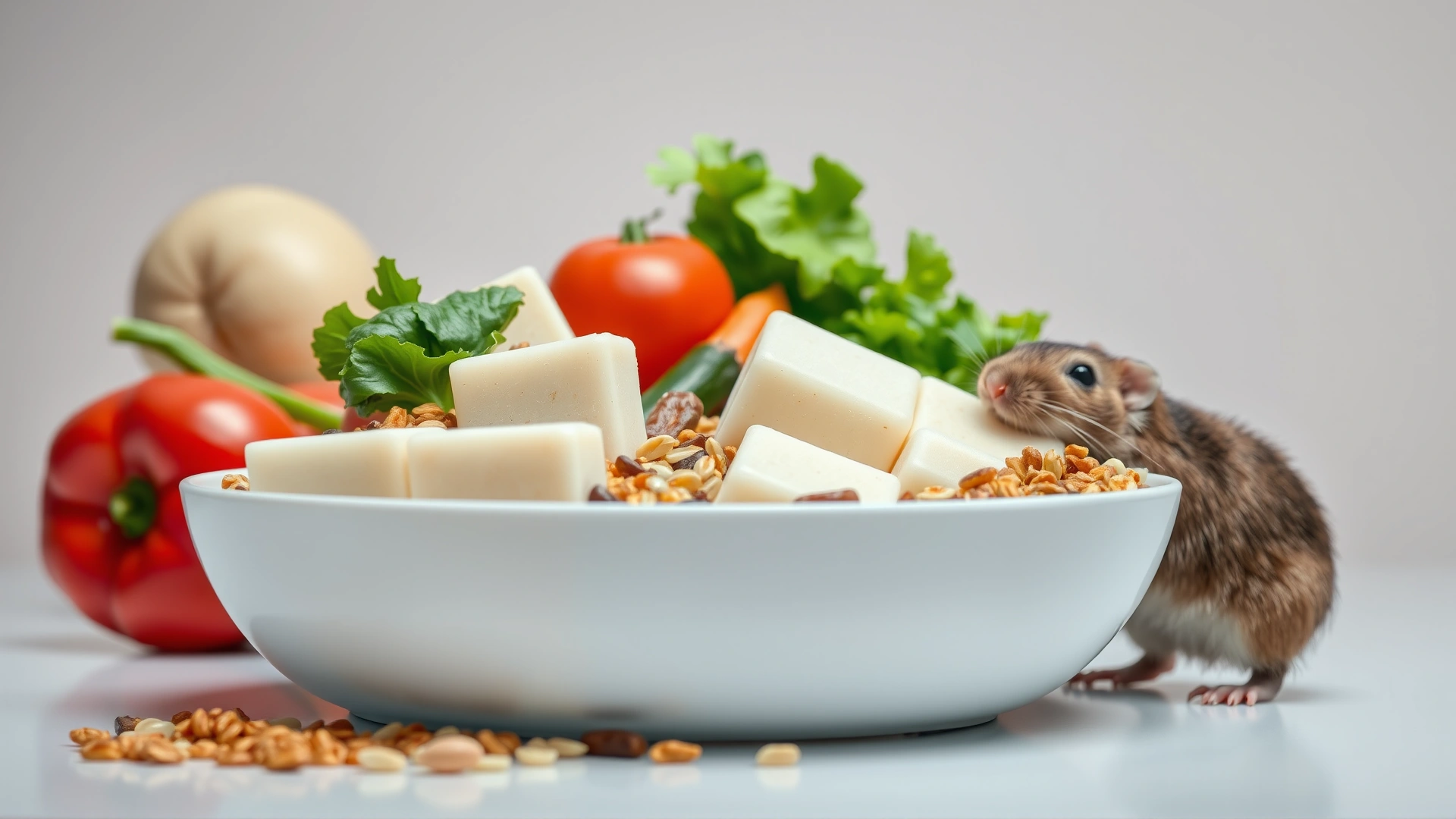 Bowl of laboratory rat blocks surrounded by fresh vegetables and grains, domestic rat sniffing the food, bright neutral background