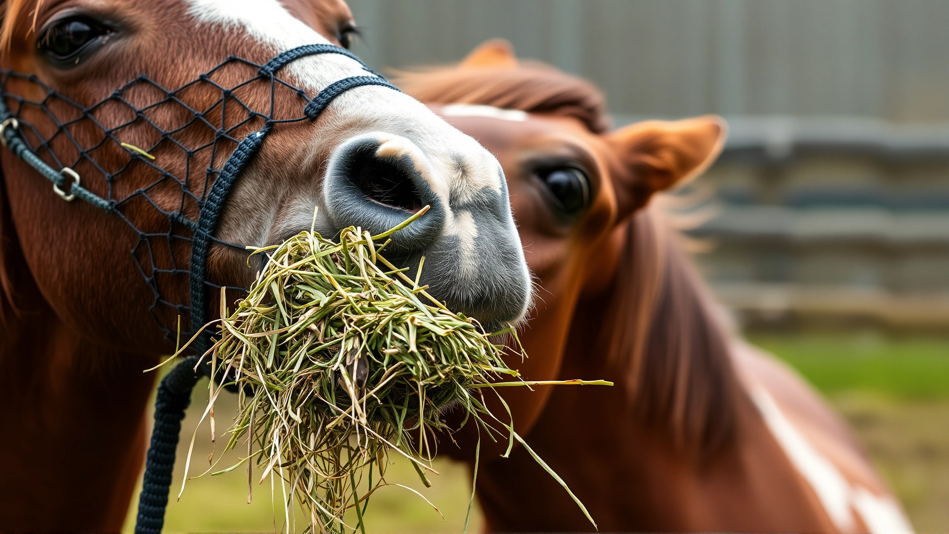 Close-up of a horse eating soaked hay from a slow-feed hay net, emphasizing controlled diet