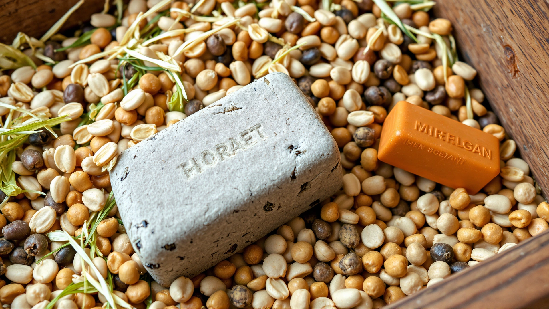 Close-up of balanced horse feed: mix of hay, oats, pellets, and a mineral block placed in a wooden feed trough.