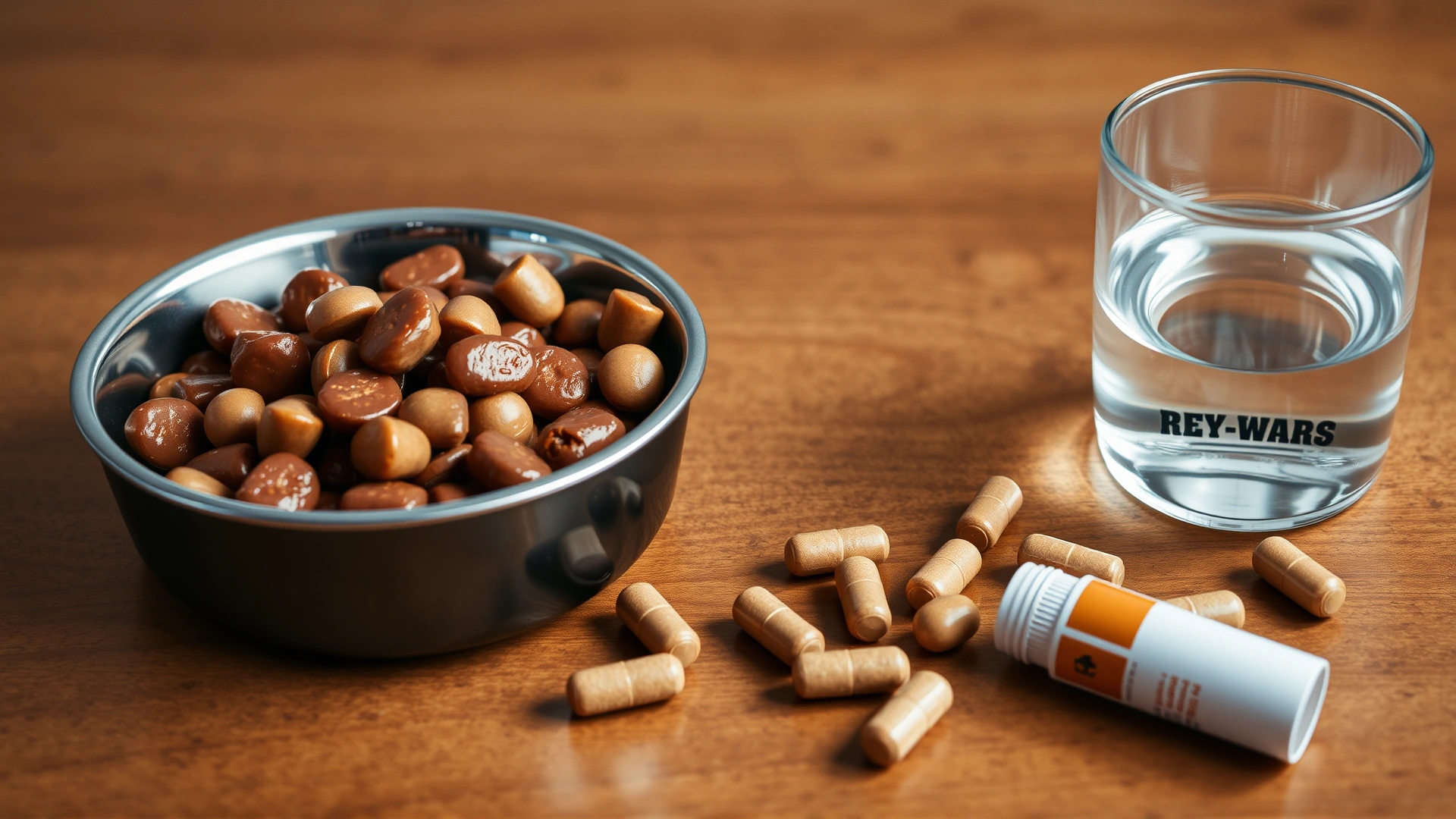 Bowl of high-quality wet cat food next to fresh water and scattered hepatic support supplement capsules, wooden table background