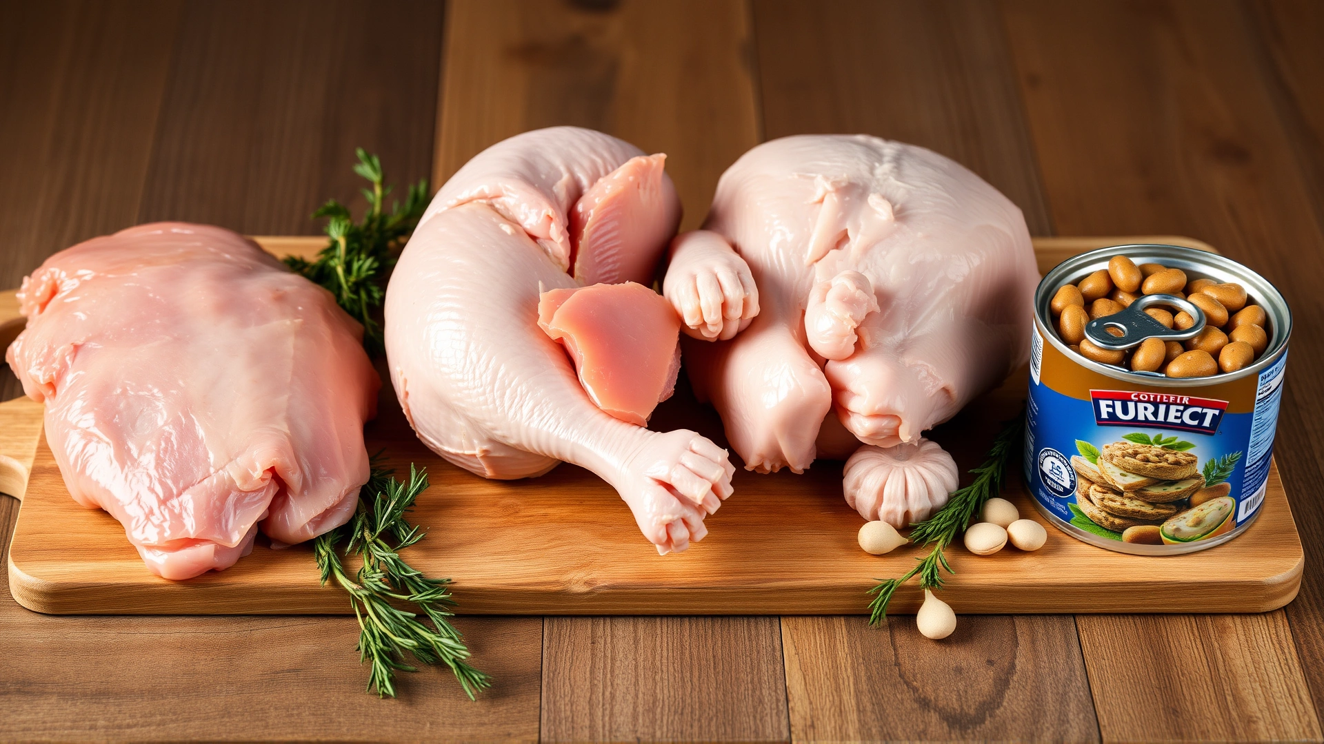 Arrangement of different protein sources for cats: raw chicken, turkey, and canned cat food on a wooden board.