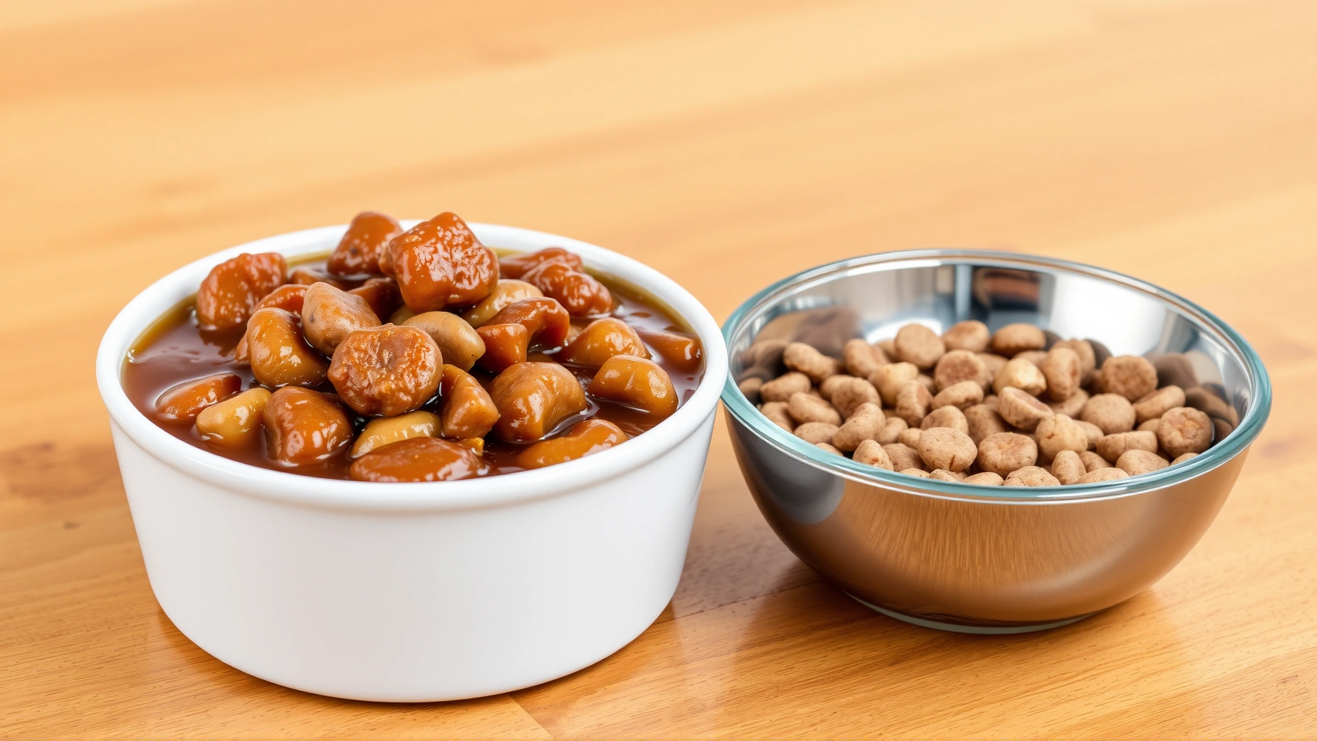 Bowl of high-quality wet cat food placed beside a bowl of dry kibble, healthy ingredients visible, wooden kitchen counter backdrop, no text.