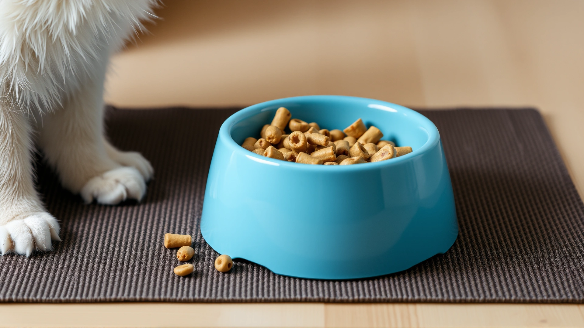 Bowl containing bland veterinary prescription diet for cats, placed next to a water bowl on a tidy mat