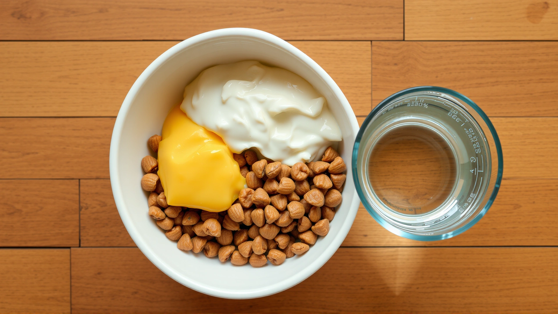 Top-down view of a bowl filled with balanced, high-quality wet and dry cat food alongside fresh water on a wooden floor.