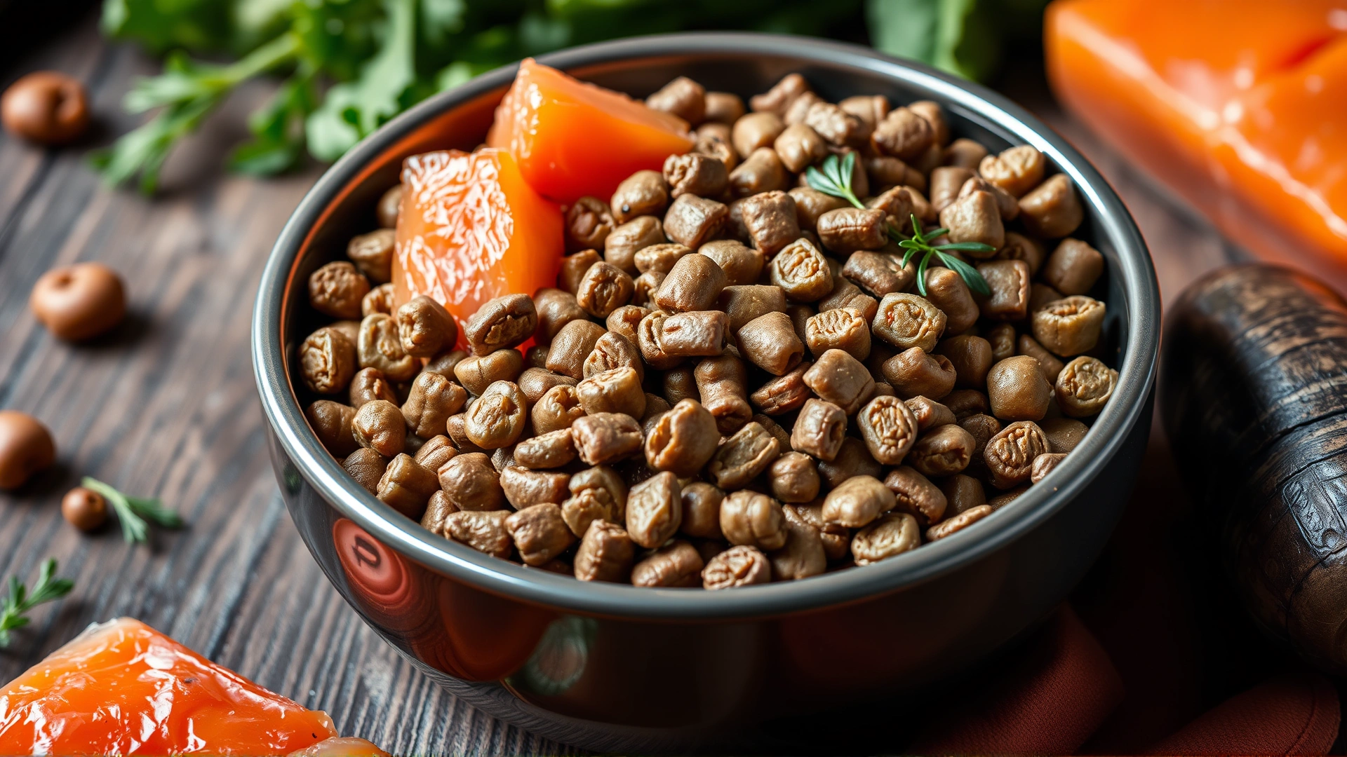 Close-up of a bowl filled with high-quality dry and wet cat food, fresh ingredients visible around it like salmon and leafy greens