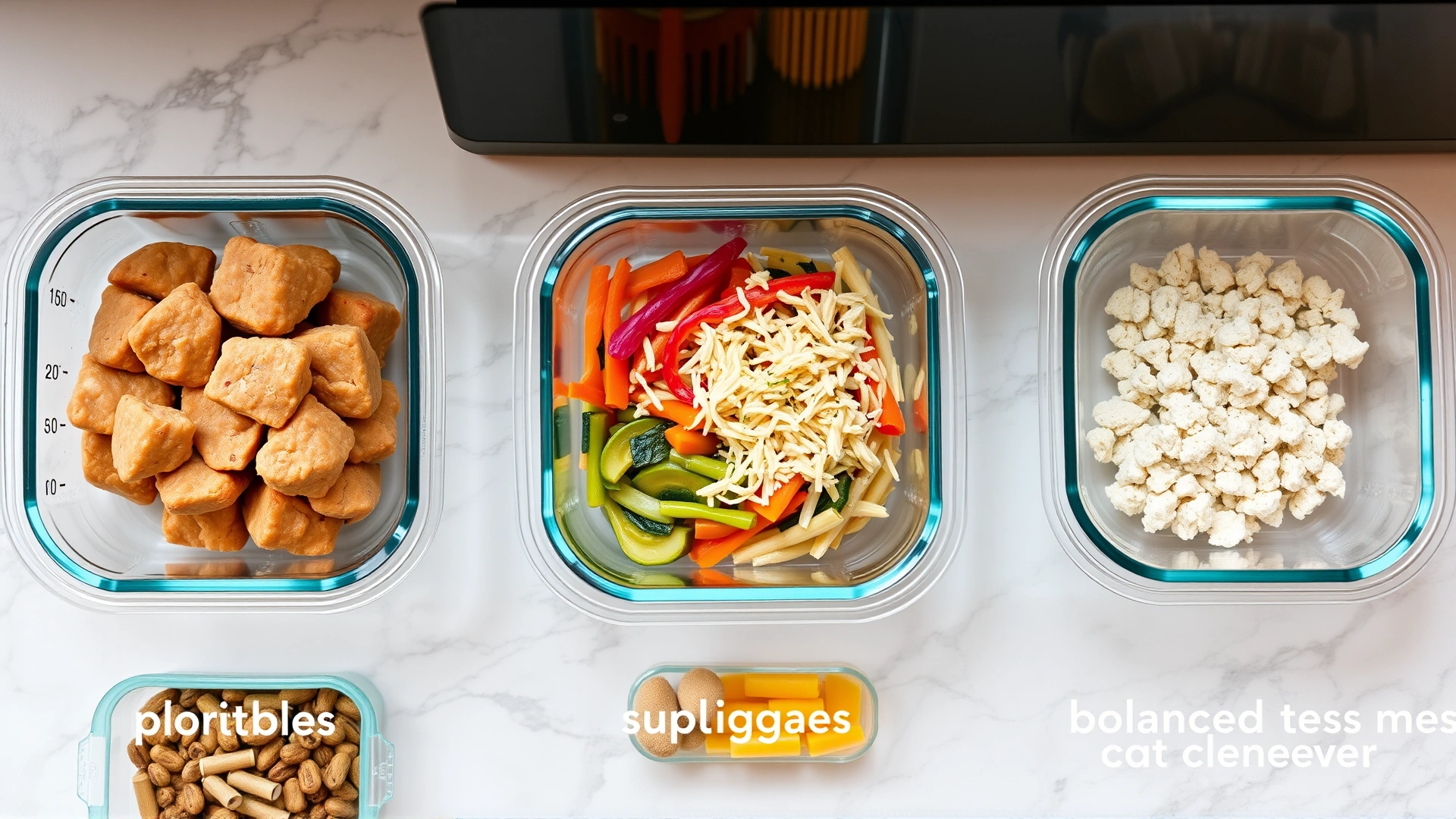 Flat-lay of prepped balanced cat meals in labeled glass containers, showing proteins, veggies and supplements, on a marble countertop