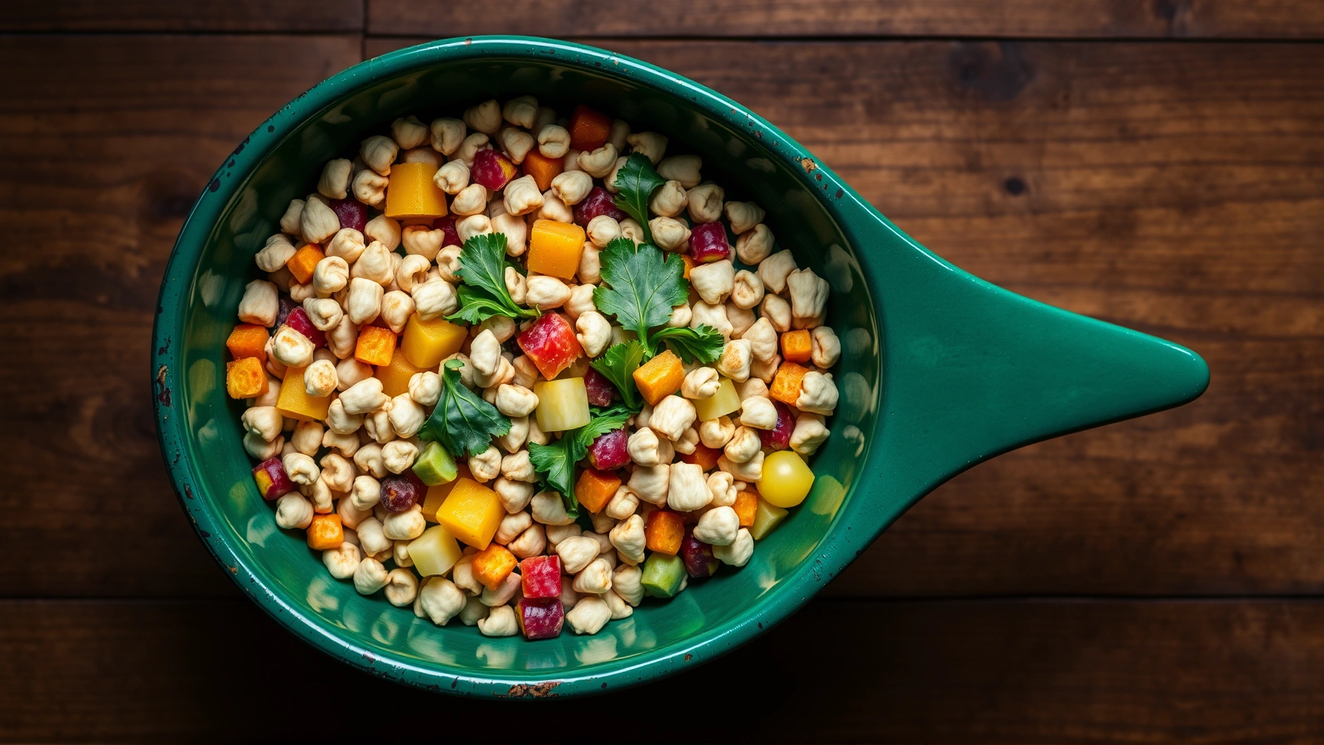 Top-down view of a vibrant bird food bowl containing a mix of pellets, leafy greens, and chopped colorful fruits, wooden table background.