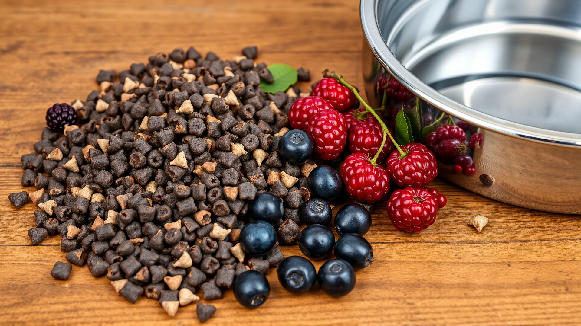 Assortment of low-iron bird pellets, fresh berries rich in tannins, and a stainless-steel water bowl on a wooden surface.
