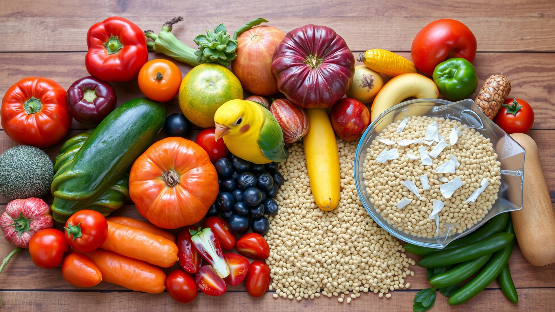 Assortment of colorful bird-safe fruits, vegetables, and high-quality pellets neatly arranged on a wooden table