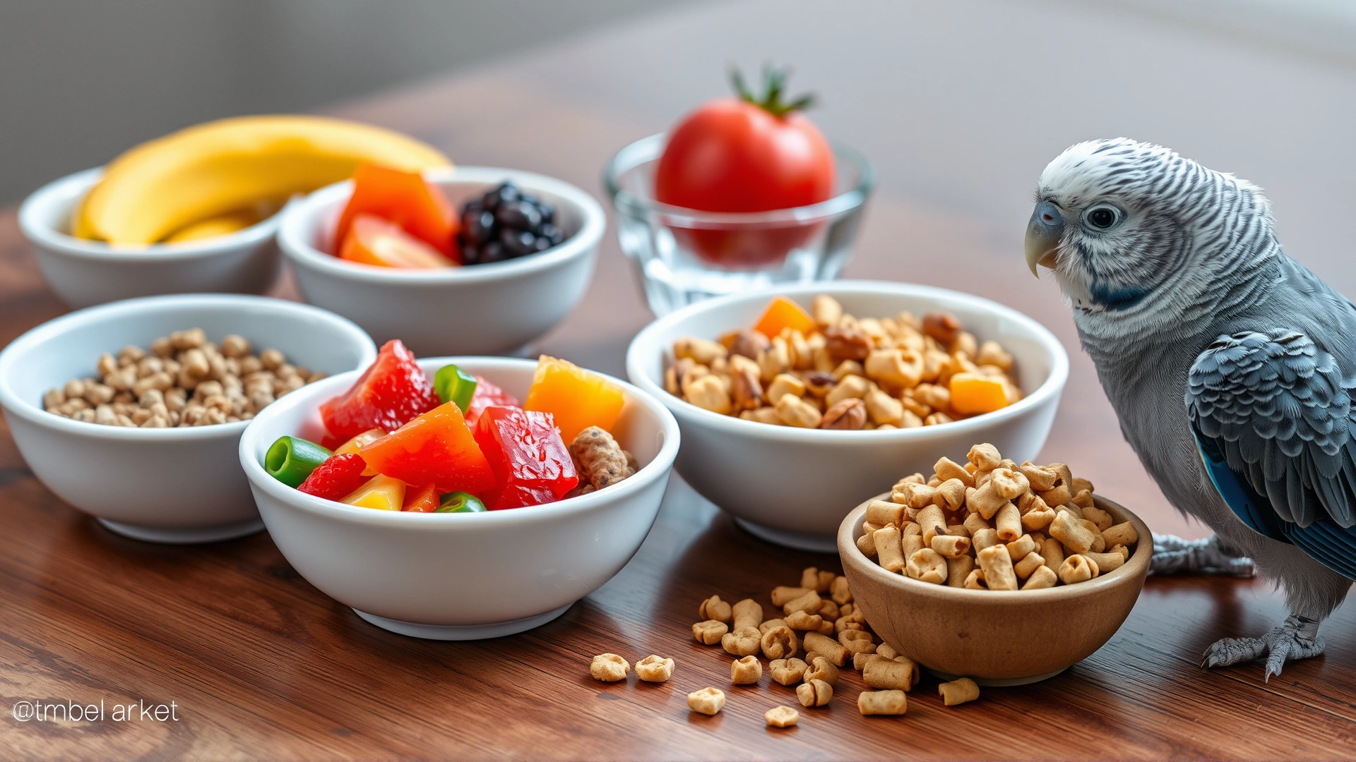 Neatly arranged small bowls containing fresh fruits, vegetables, and formulated pellets with a curious cockatiel beside them on a wooden surface, natural daylight