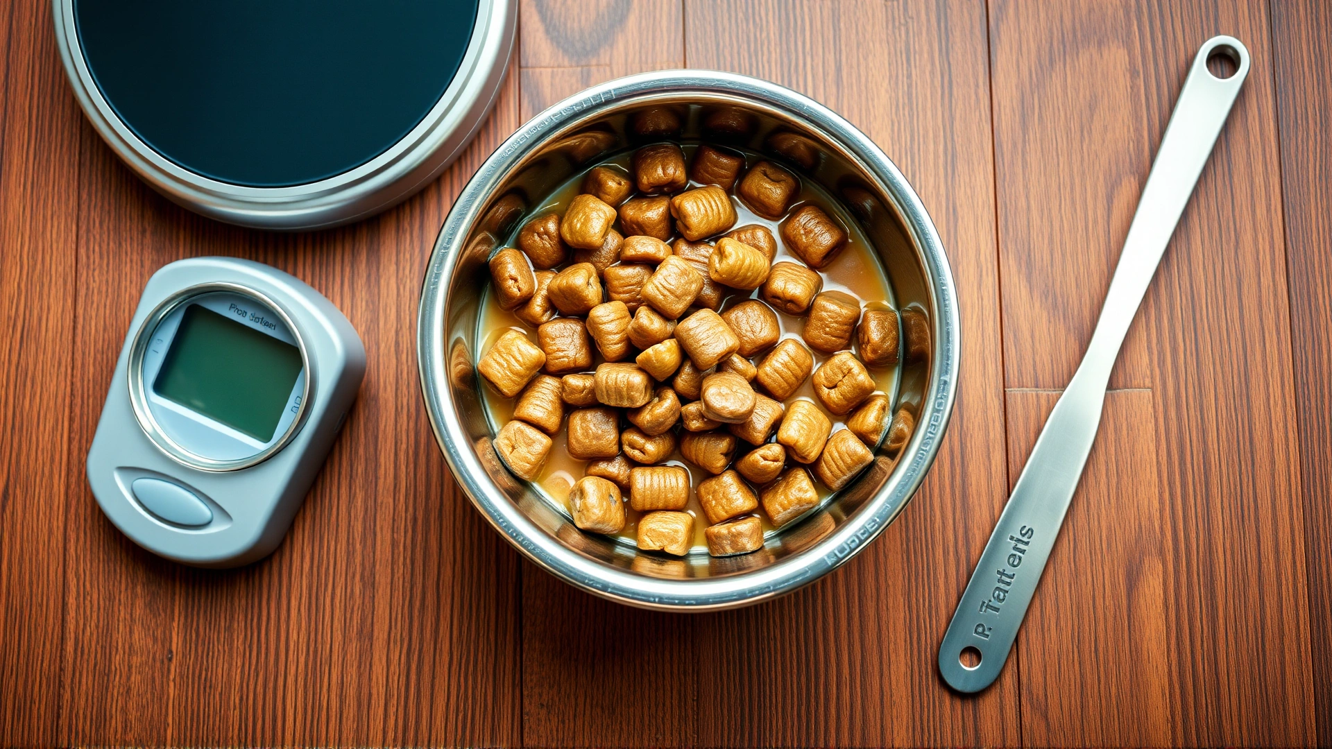 Top view of a stainless steel bowl filled with high-protein wet cat food next to measuring spoon and weight scale, wooden table background