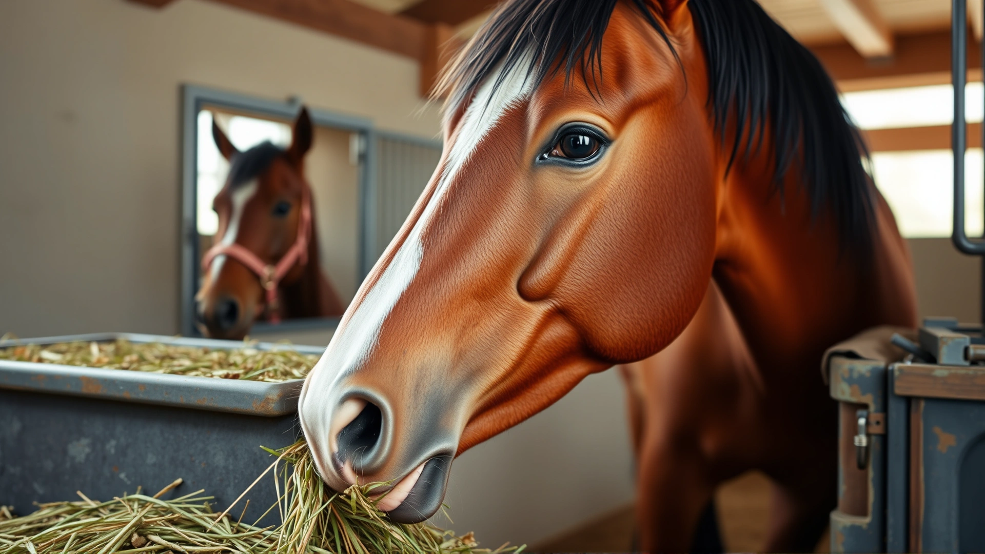 Close-up of a pregnant mare eating high-quality hay and a mineral block inside a clean stall, no text.