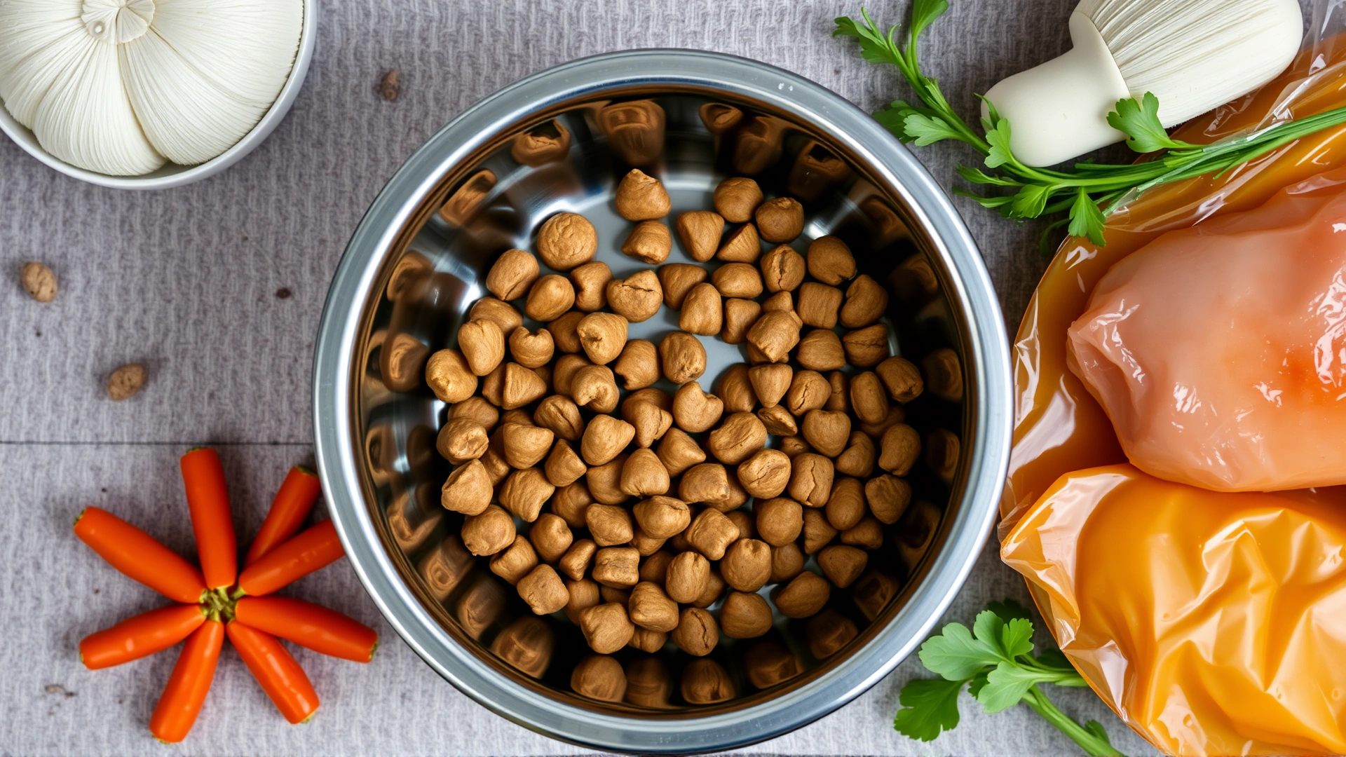 Top-down view of a stainless steel dog bowl filled with balanced puppy kibble, next to fresh ingredients like chicken and vegetables.