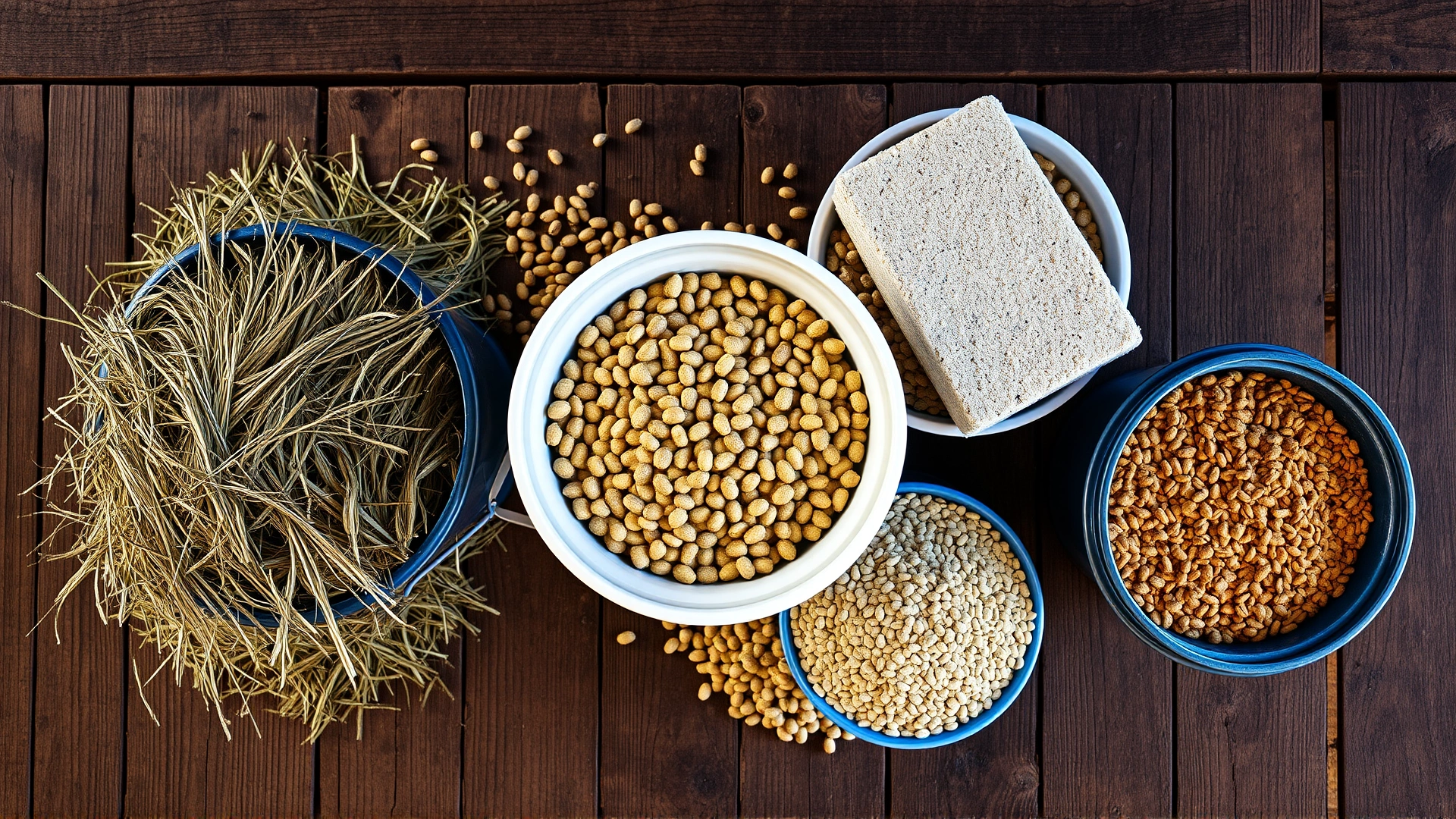 Top-down photo of balanced horse feed: hay, pellets, and mineral block neatly arranged in buckets, rustic wooden floor, no text