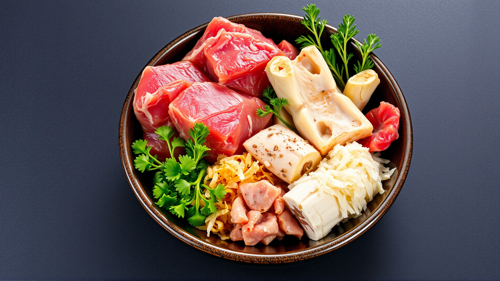 Neatly arranged bowl showing variety of raw components: muscle meat, organ meat, crushed bone, and a small portion of shredded vegetables, on a slate background