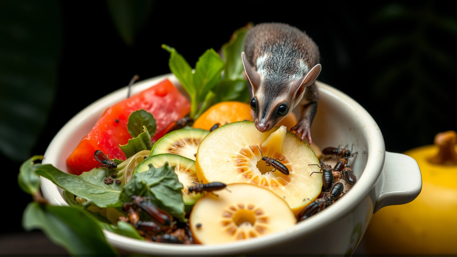 A small bowl filled with sliced tropical fruits, leafy greens, and live insects, with a sugar glider reaching in to eat.