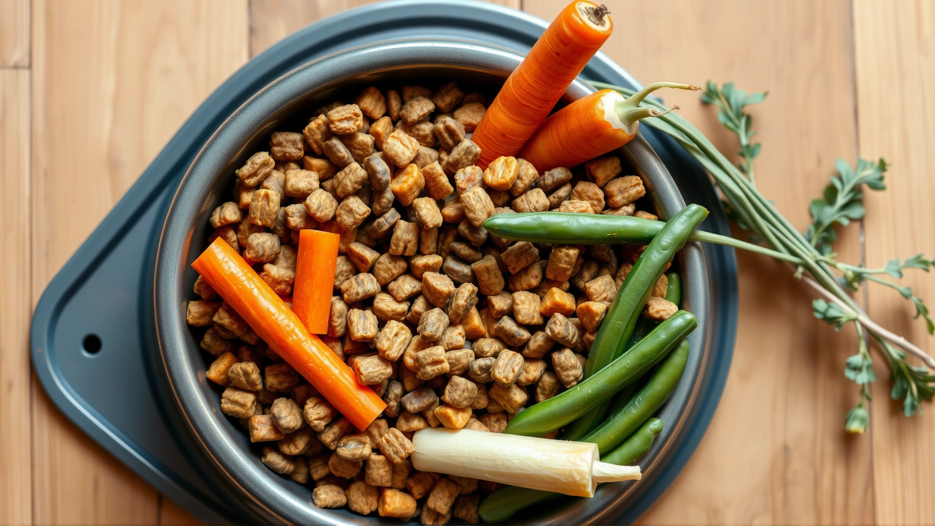 Top-down view of a dog bowl filled with a colorful high-fiber kibble mix and fresh vegetables like green beans and carrots, placed on a wooden floor
