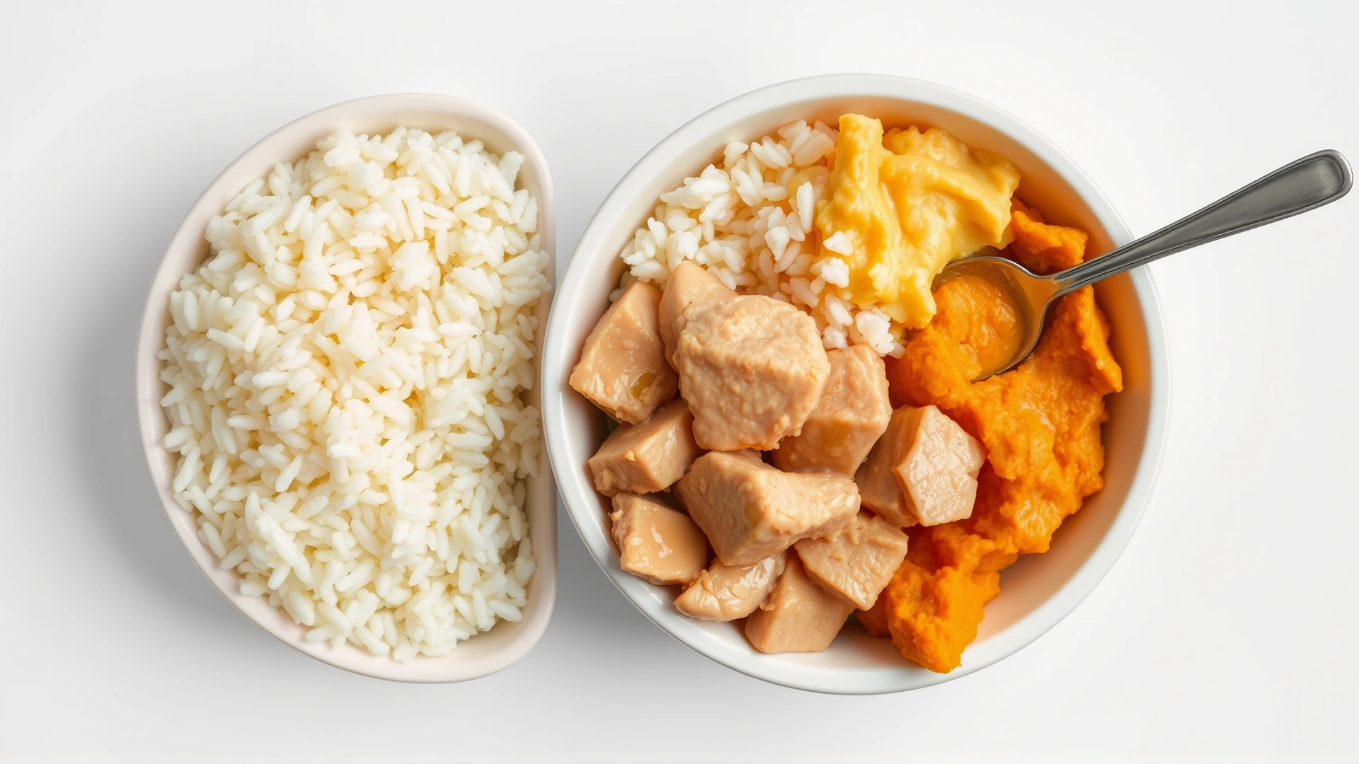 Top-down view of a divided cat bowl containing cooked chicken pieces, a small spoonful of plain rice, and mashed pumpkin, on a clean white background.