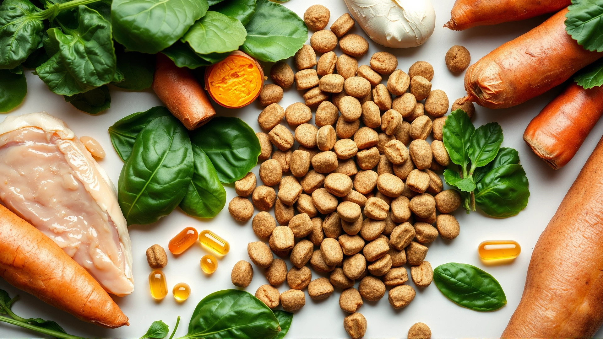 Flat-lay of high-quality dog kibble surrounded by fresh whole food ingredients like chicken breast, sweet potatoes, spinach leaves, and salmon oil capsules, illustrating balanced nutrition.
