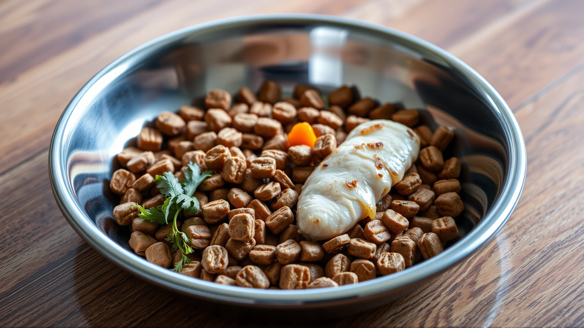Close-up of a stainless steel dog bowl filled with balanced puppy kibble and fresh ingredients like chicken and vegetables, wooden floor background