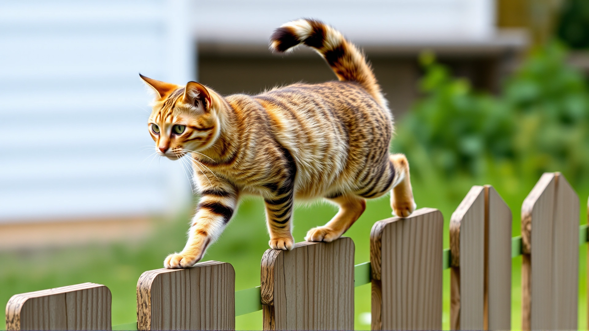 Agile cat walking along the top of a narrow wooden fence, tail up for balance, captured mid-stride