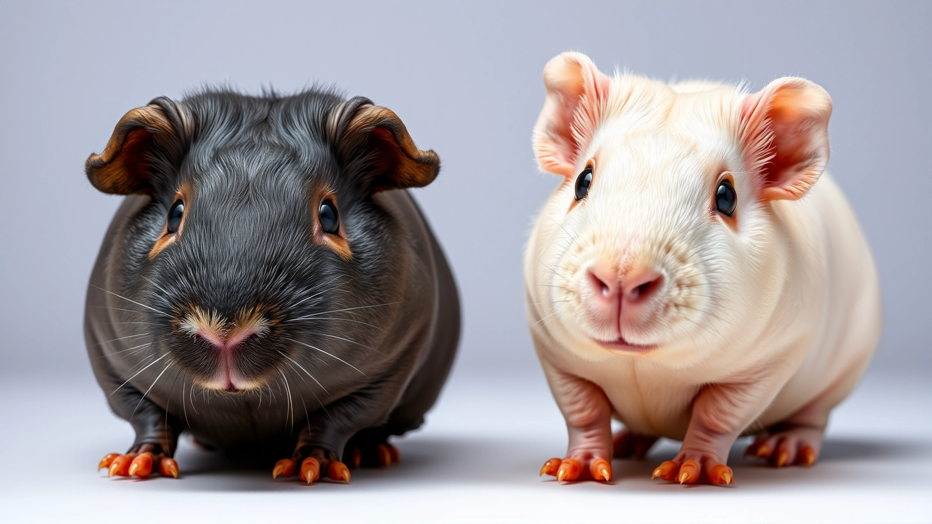 Two hairless guinea pigs side by side: one Skinny Pig with small patches of hair on its nose and feet, and one Baldwin completely hairless, both in a well-lit studio setup.