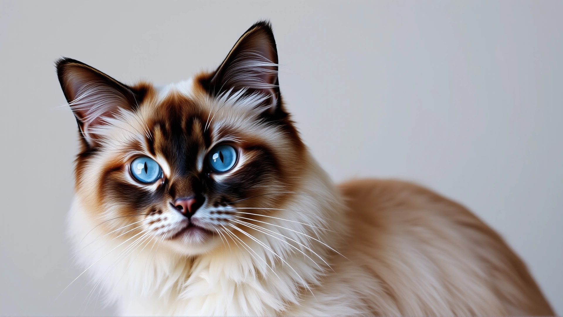 Close-up portrait of a Balinese cat with medium-length silky fur and striking blue eyes, sitting gracefully against a neutral background.