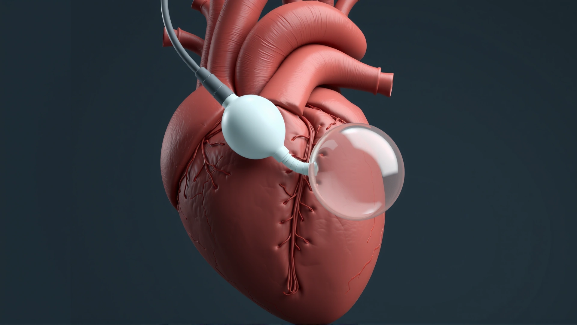 3D render of a canine heart with a catheter and balloon inflating at the pulmonic valve, soft colors, no text.