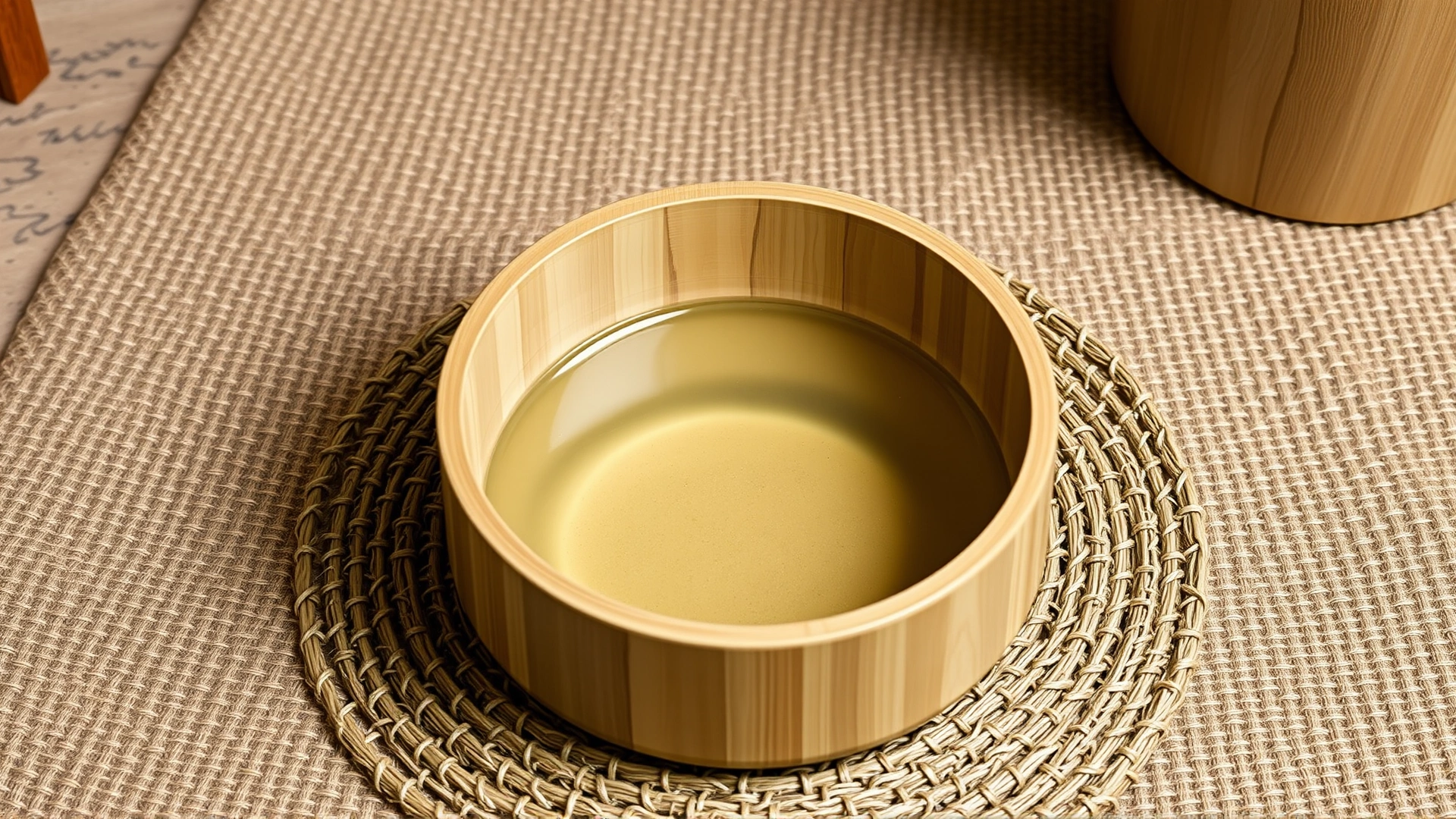 Minimalist bamboo dog bowl filled with water placed on a jute mat, shot from above