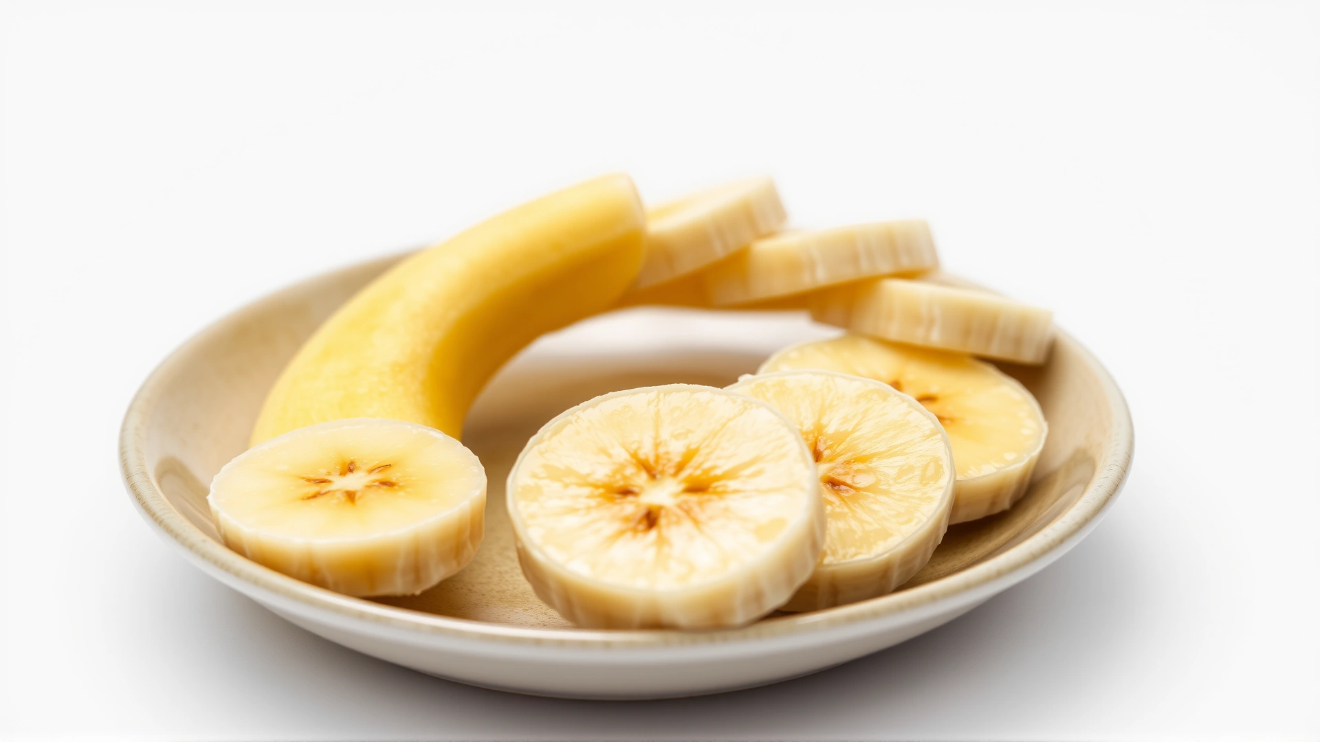 Macro shot of banana slices on a small ceramic plate, vibrant yellow color, clean white background