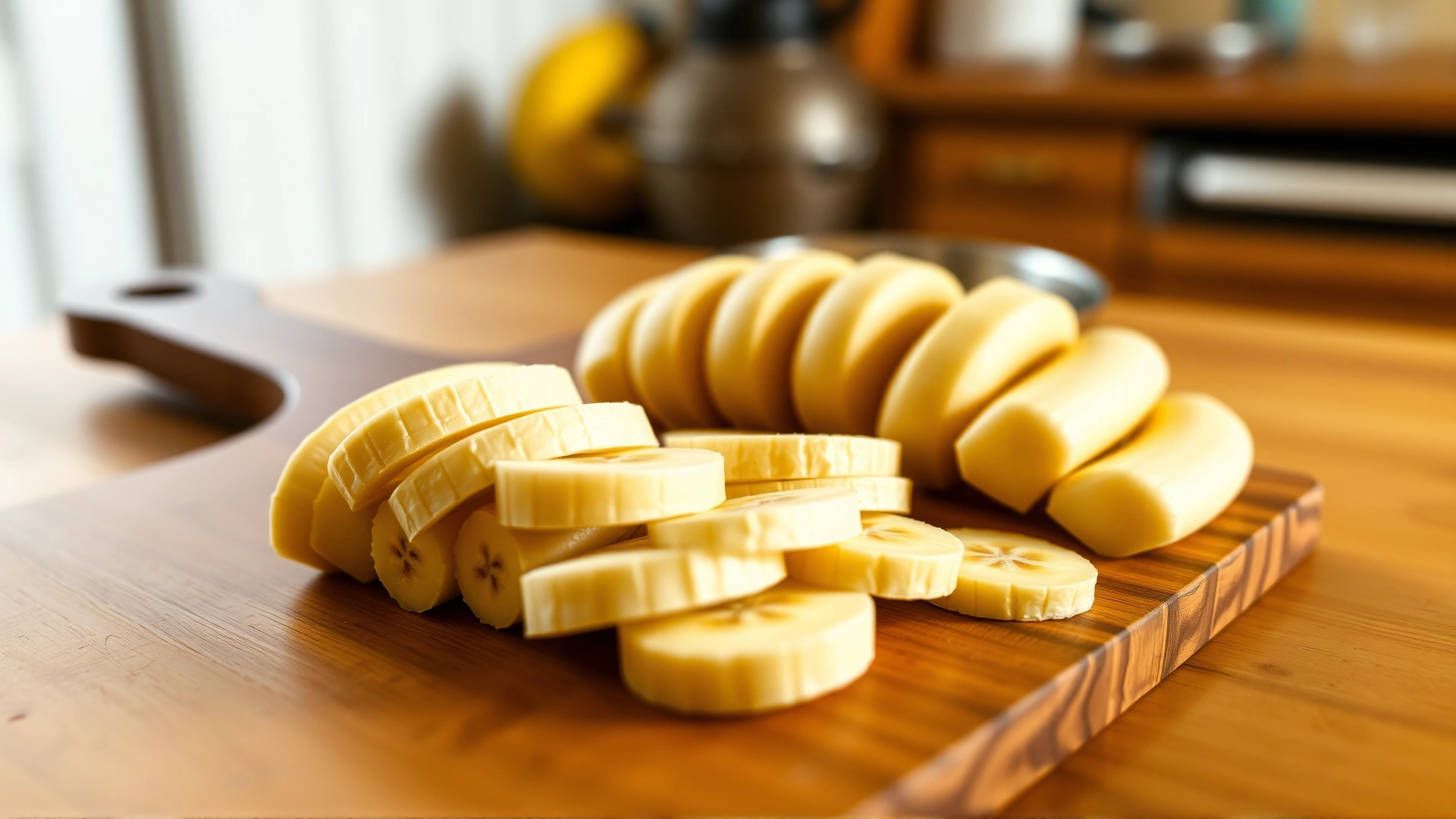 Neatly arranged banana slices on a wooden cutting board with a blurred dog food bowl in the background, warm kitchen setting, no text.