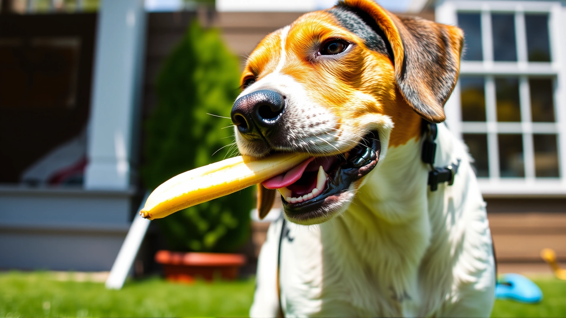 Playful beagle chewing on a small piece of peeled banana in a sunny backyard, candid moment