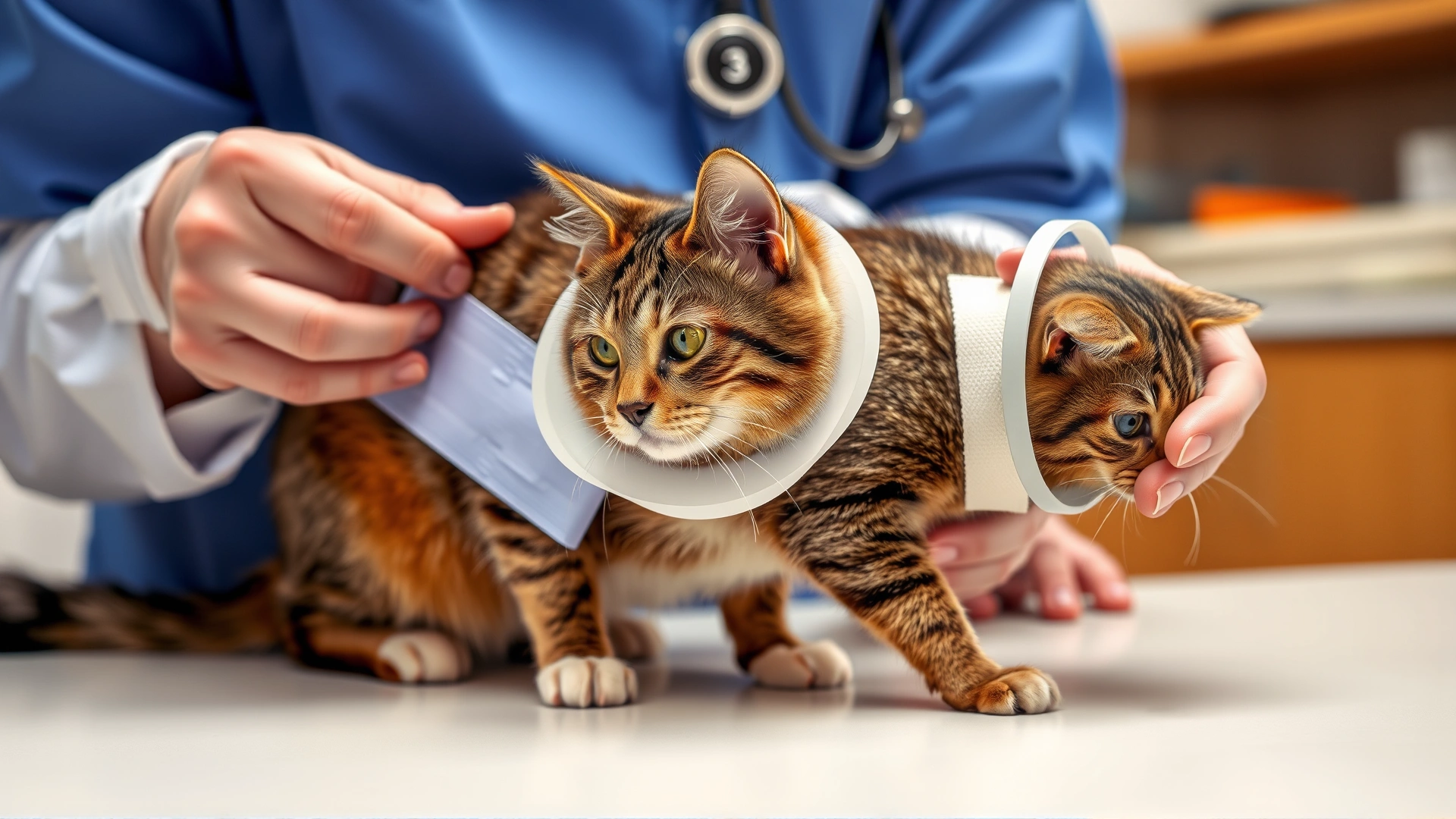 Veterinarian wrapping a self-adhesive bandage around a cat's hind leg, cat wearing an Elizabethan collar, veterinary clinic background