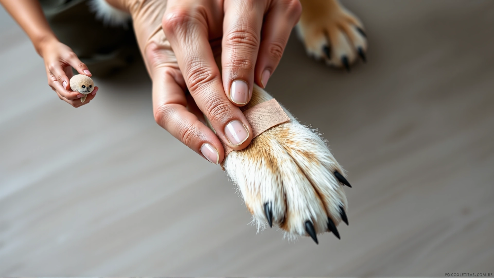 Step-by-step style photo of a person gently wrapping a dog’s paw with a non-stick bandage, focus on hands and paw