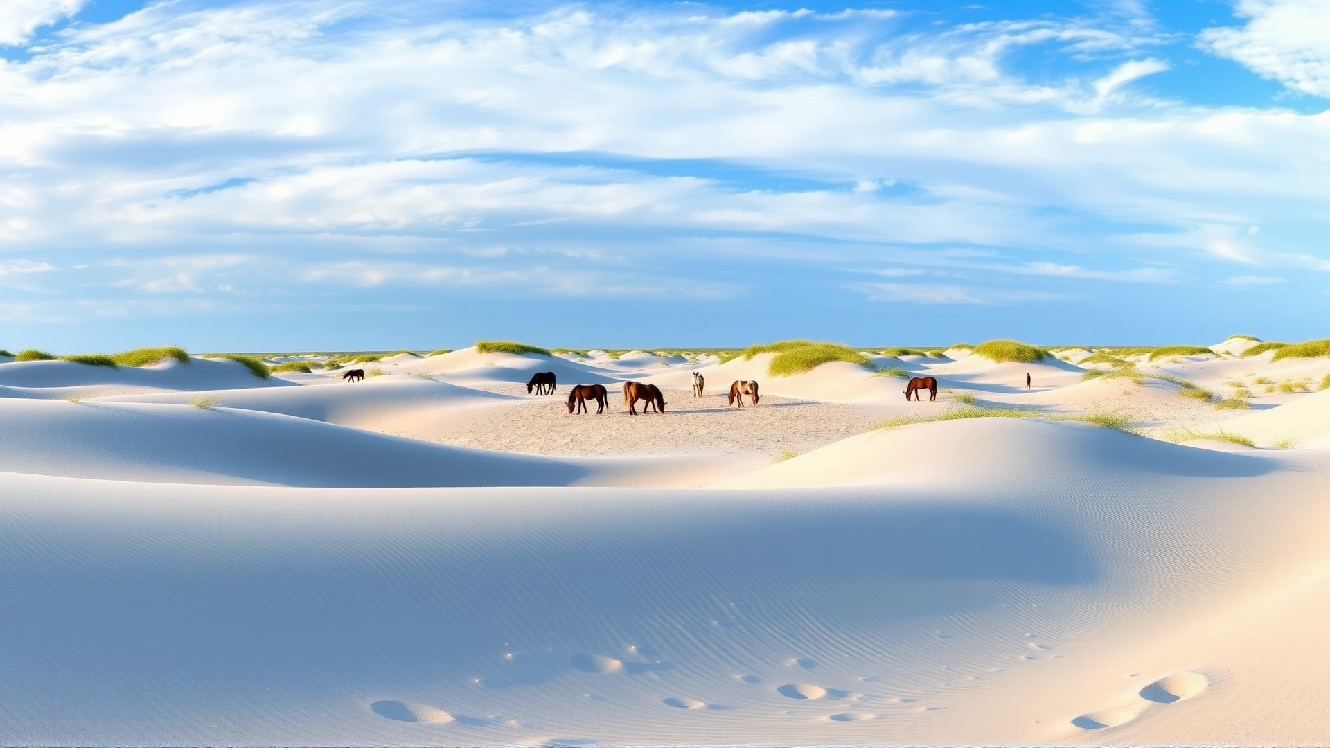 Wide panoramic view of Assateague Island dunes with a small herd of ponies grazing under a blue sky, no text