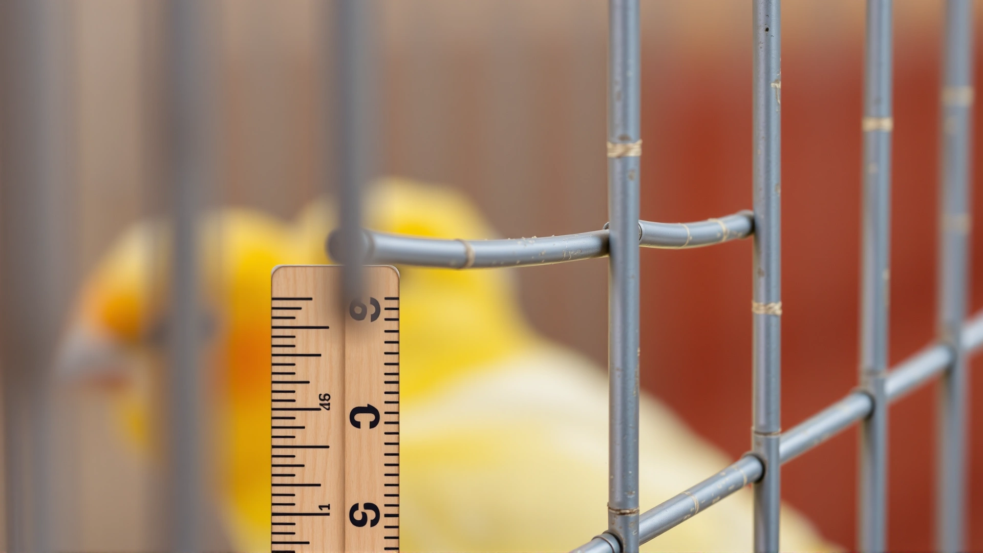 Close-up macro shot of bird cage bars with a ruler showing the narrow spacing suitable for small birds.