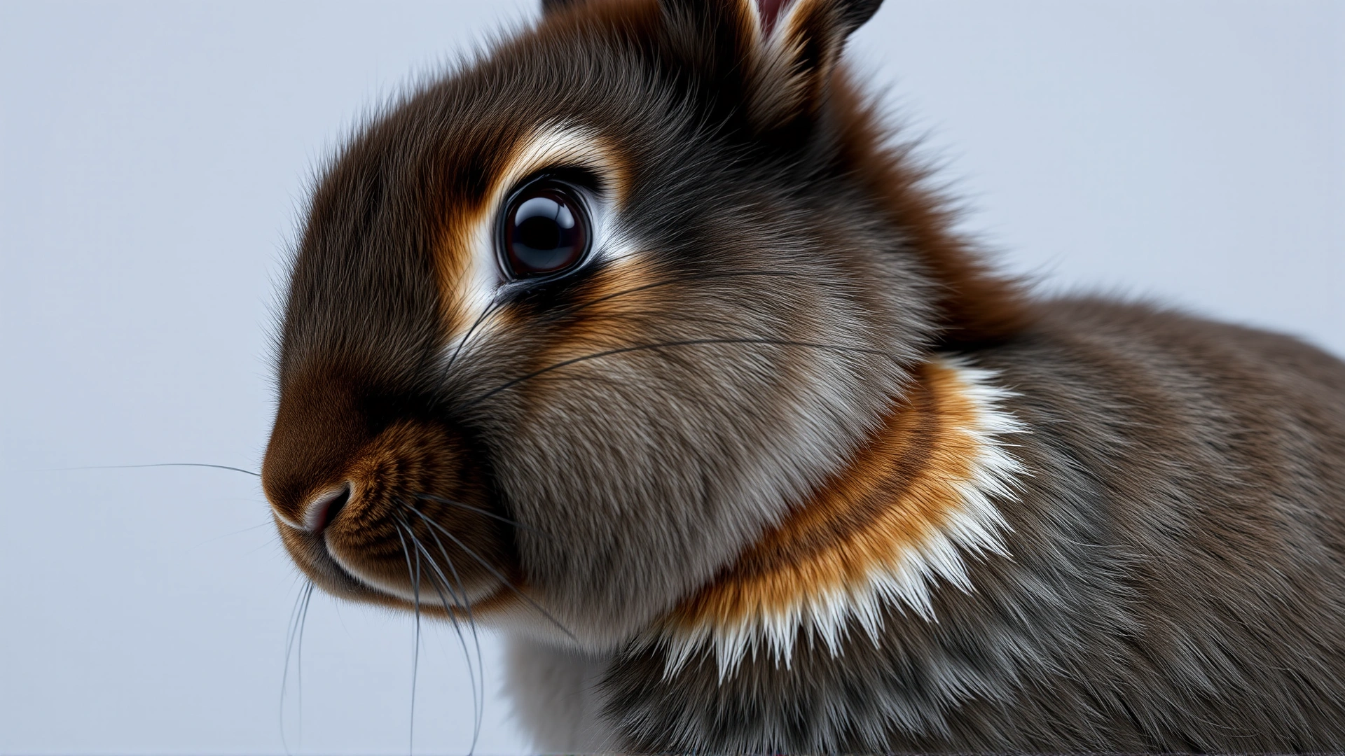 Macro shot showing a rabbit with a noticeable bald patch on its shoulder caused by barbering, neutral background, high detail
