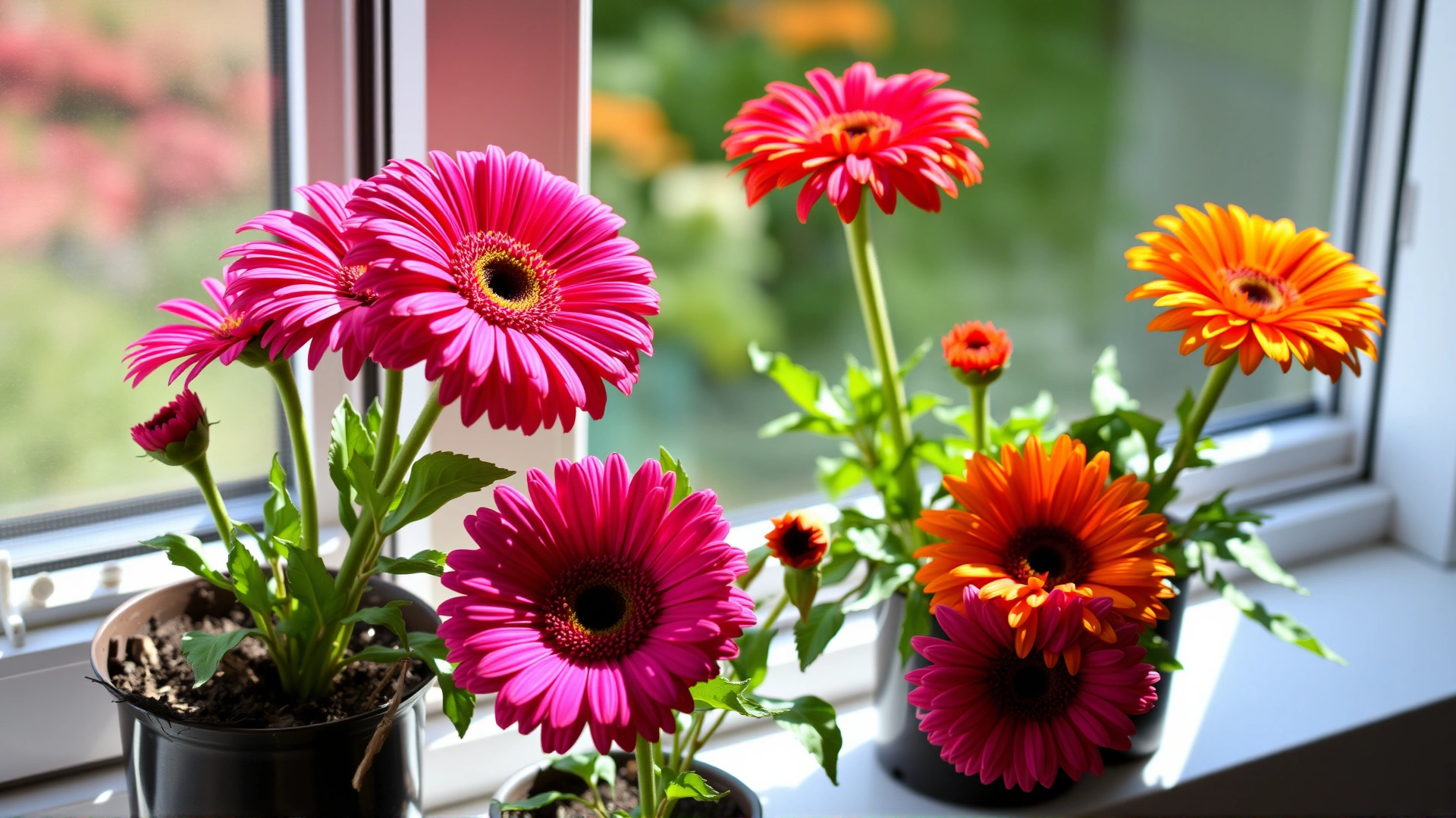 Vibrant pink and orange Gerbera daisies blooming in small pots on a bright windowsill.