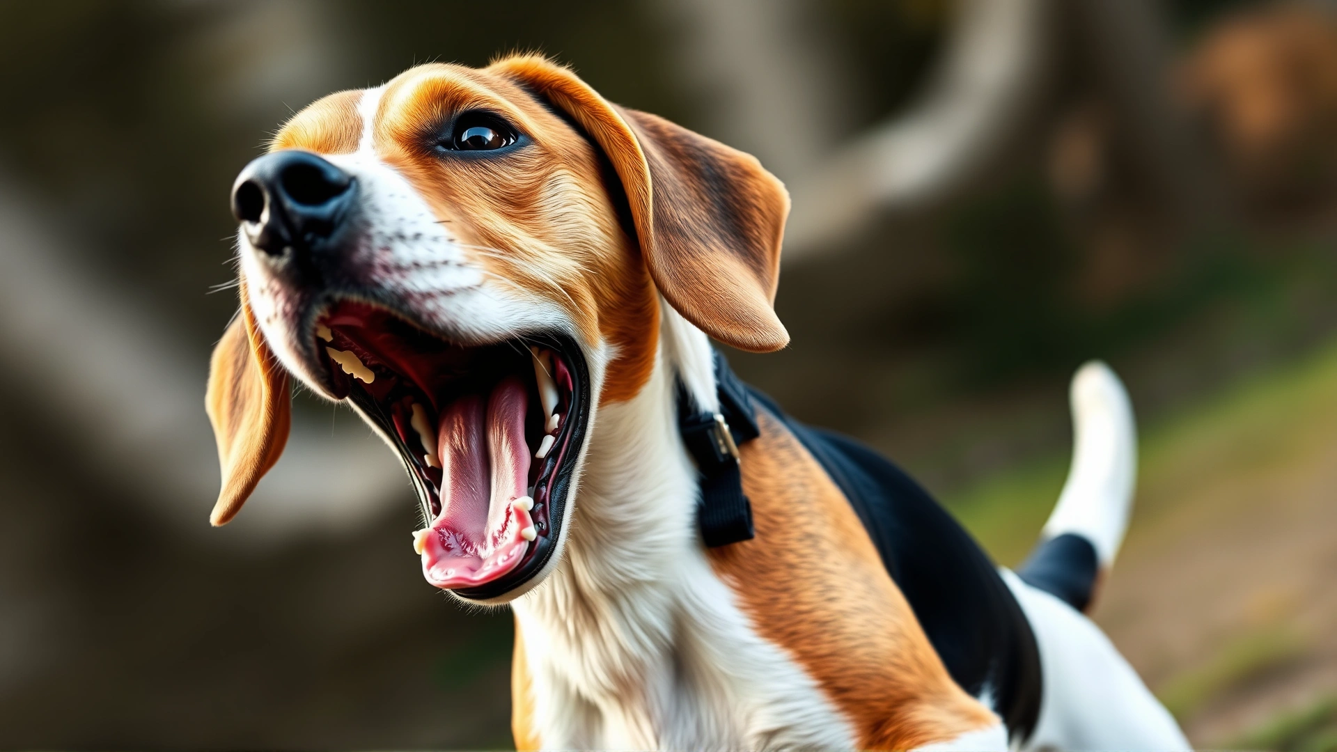 Action shot of a beagle mid-bark with mouth open, captured outdoors with slight motion blur for energy.