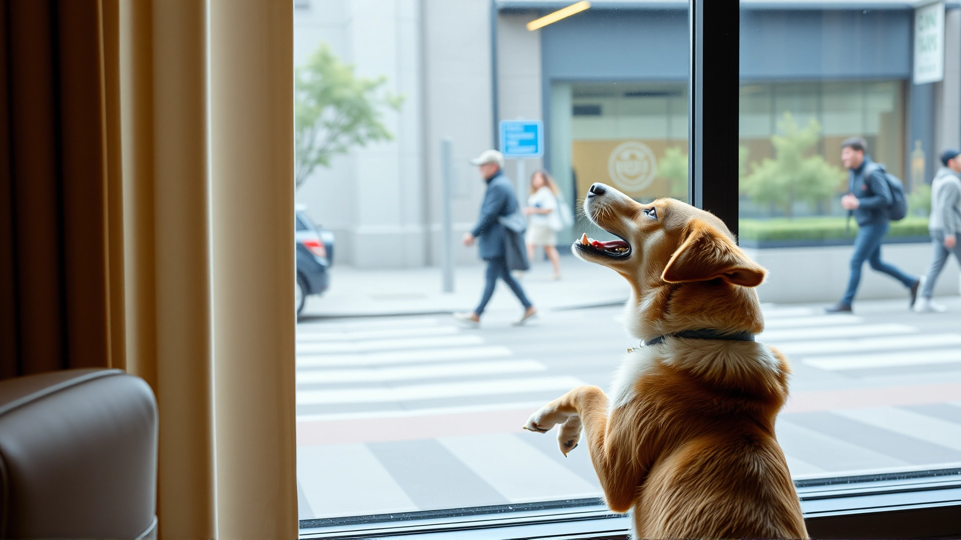 Dog standing on hind legs barking excitedly at a window, outside view showing passing pedestrians, high resolution.
