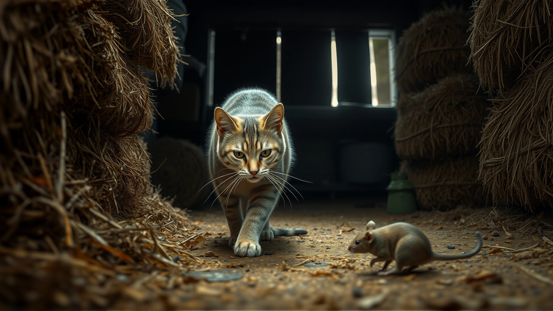 Barn cat stalking a mouse near stacked hay bales in a dimly lit barn, action shot