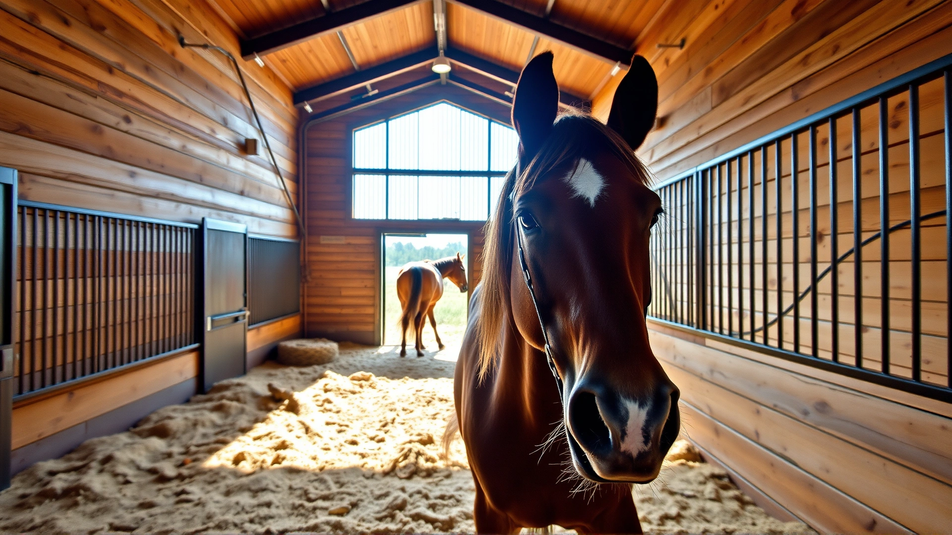 Spacious, well-lit stable interior featuring soft bedding, good ventilation, and another horse calmly chewing hay in the background.